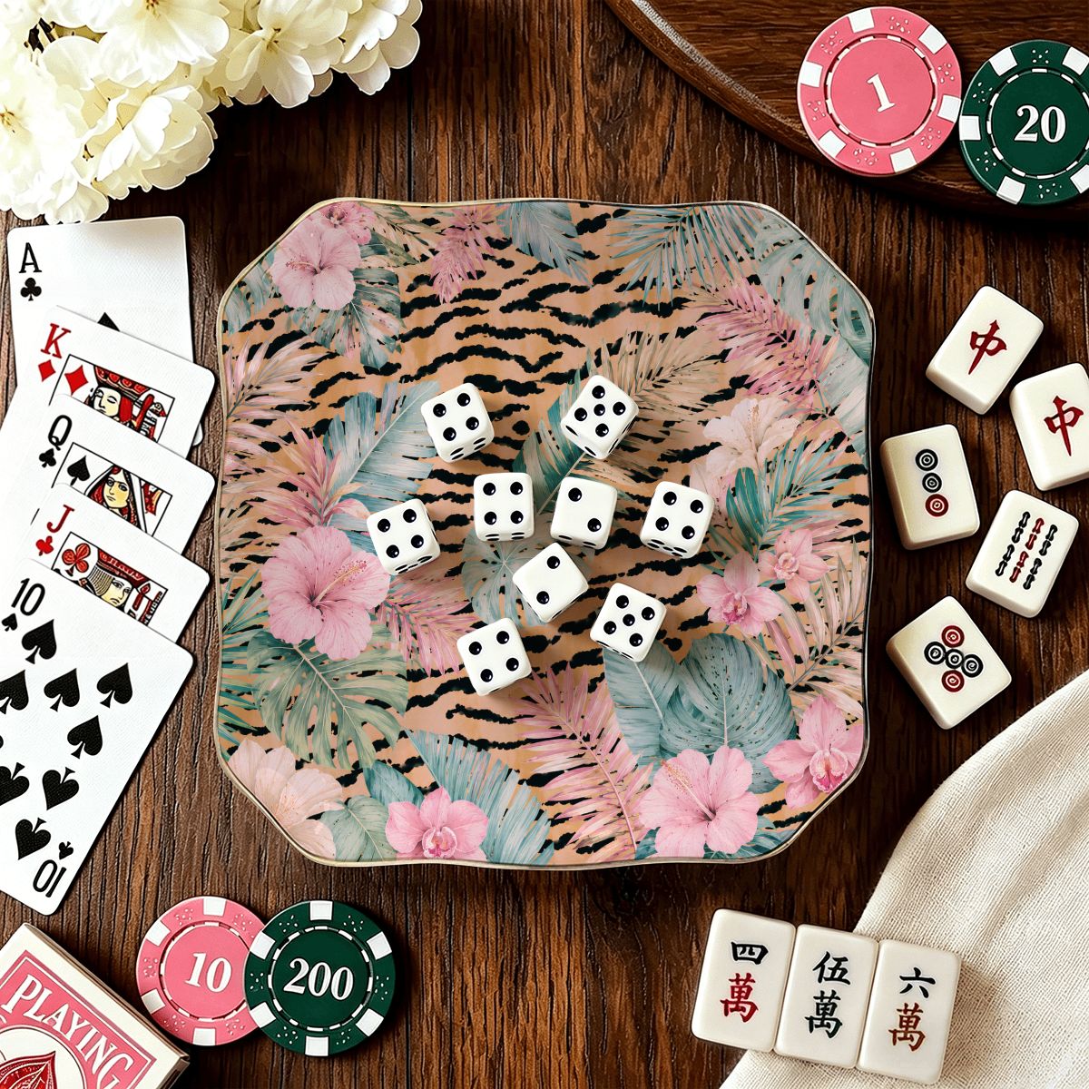 Tropical Jungle Tiger'es Scalloped Ceramic Mahjong Dice Tray - Splash Of Mahj And Color Co.