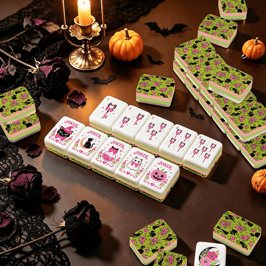 Halloween Kitty Cat Brigade Green And Pink Layered Mahjong Tiles And Carry Case - Splash Of Mahj And Color Co.