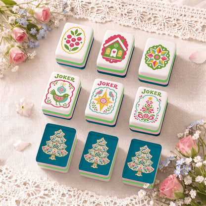 Scandinavian Folk Art Teal Holiday Tree Christmas Mahjong Tiles And Carry Case