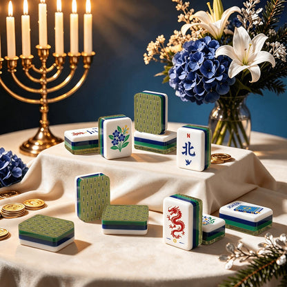 Art Deco Green Hanukkah Mahjong Tiles And Carry Case - Splash Of Mahj And Color Co.