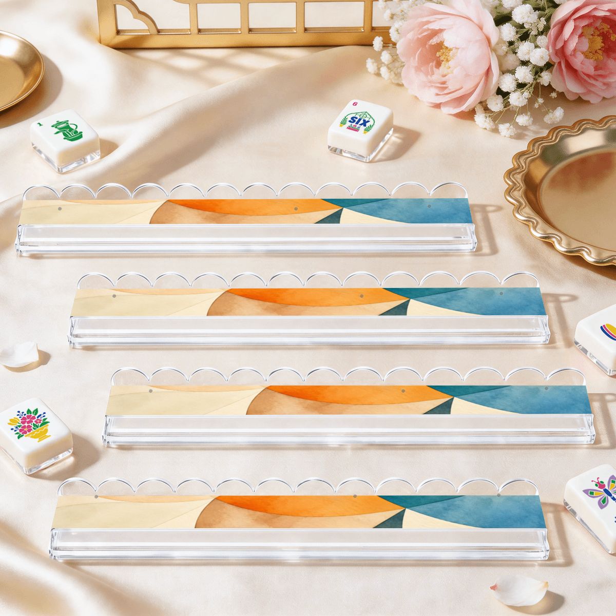 Art Deco Dayz Extended Mahjong Rack Set of 4 Scalloped Magnetic Tile Pusher - Splash Of Mahj And Color Co.