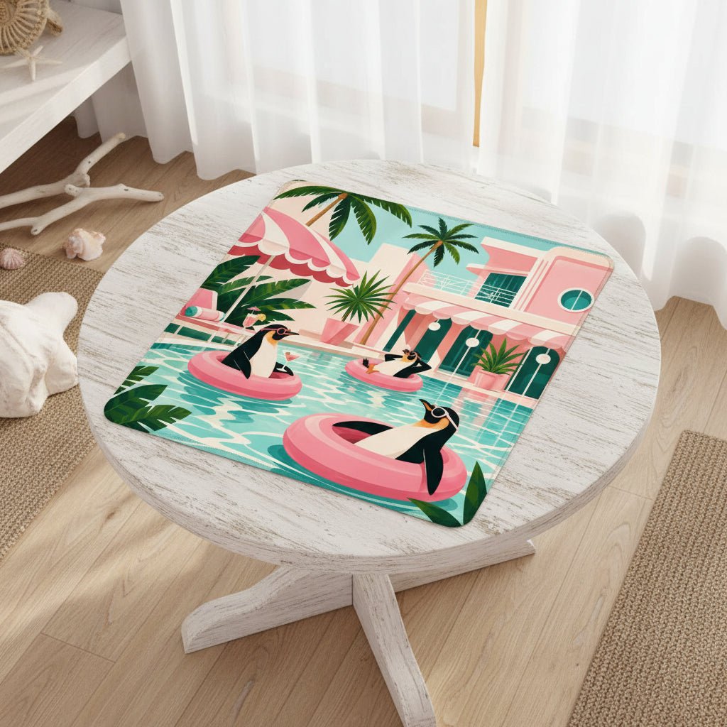 Penguins Poolside At The Palm Mini Travel Mahjong Mat - Splash Of Mahj And Color Co.