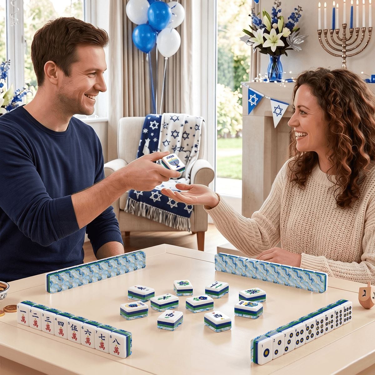 Oceanic Blue Hanukkah Mahjong Tiles And Carry Case - Splash Of Mahj And Color Co.
