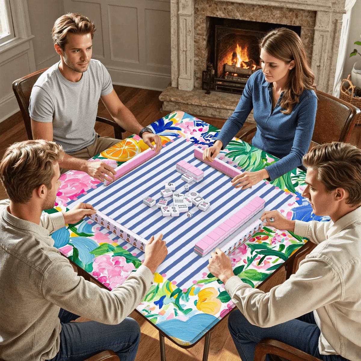Sunny Citrus Floral Blooms Watercolor Chinoiserie Mahjong Mat