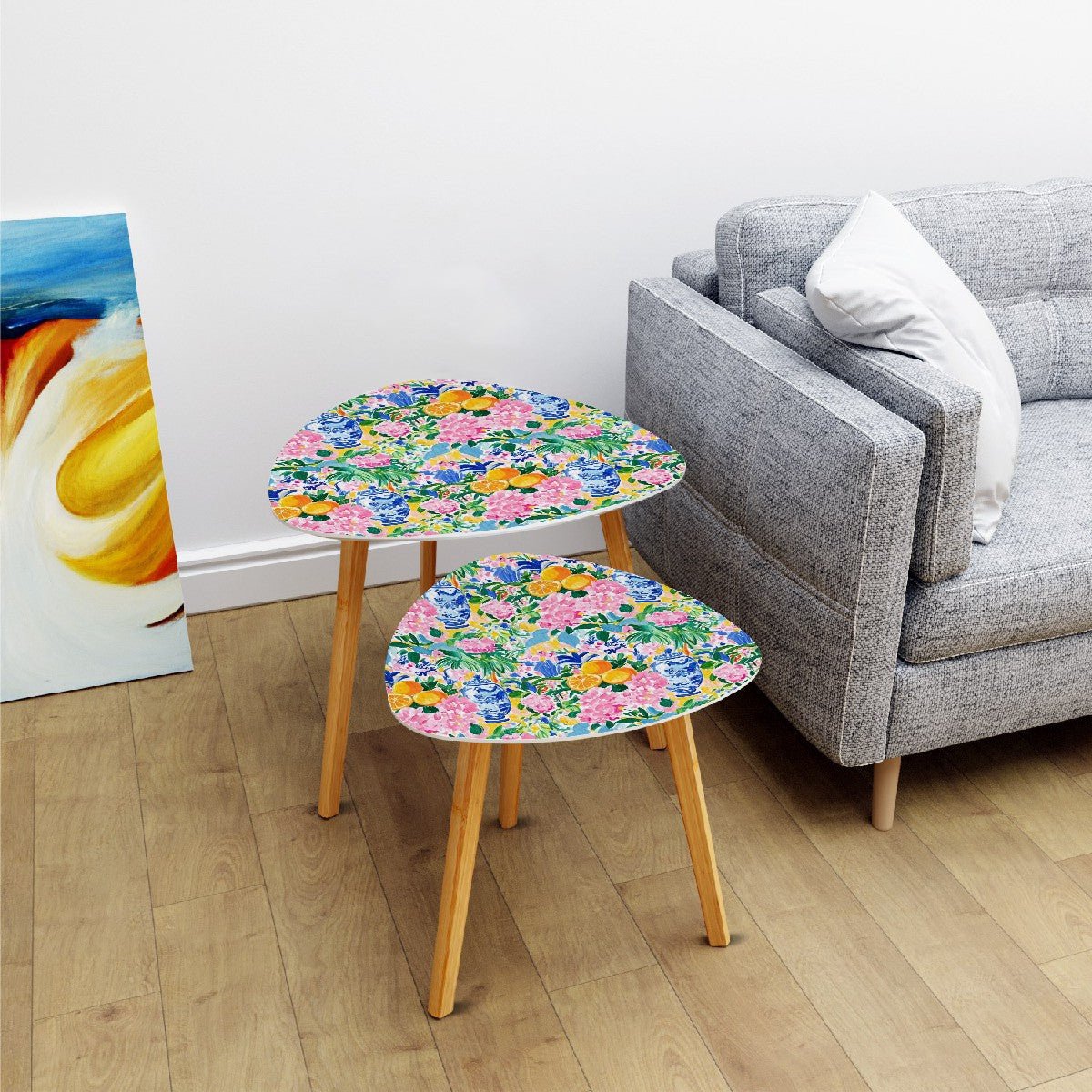 Citrus Fruit And Florals Asian Chinoiserie Triangle Modern Nesting Coffee Tables - Splash of Color Co.