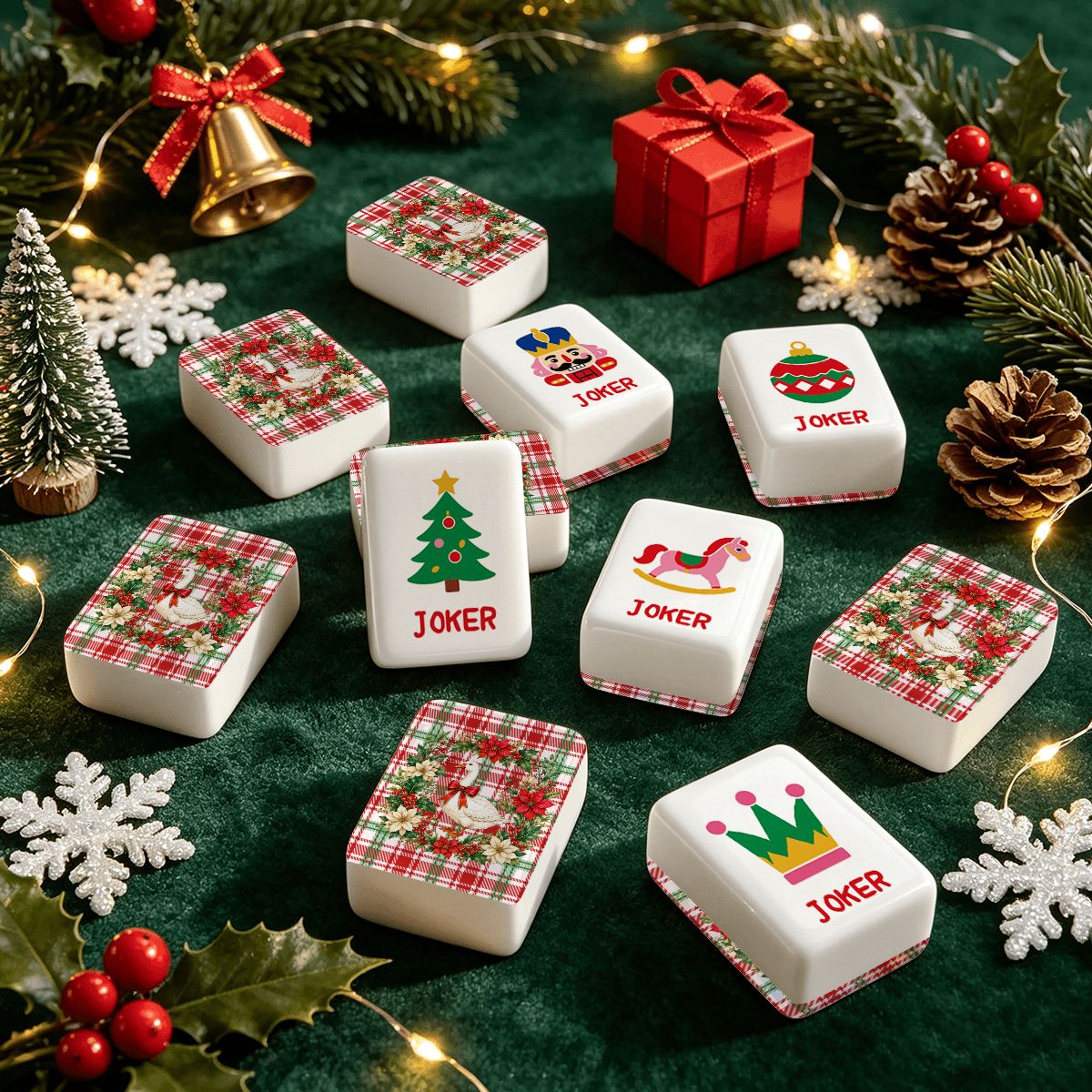 Christmas Goose Plaid And Playful Workshop Christmas Mahjong Tiles And Carry Case