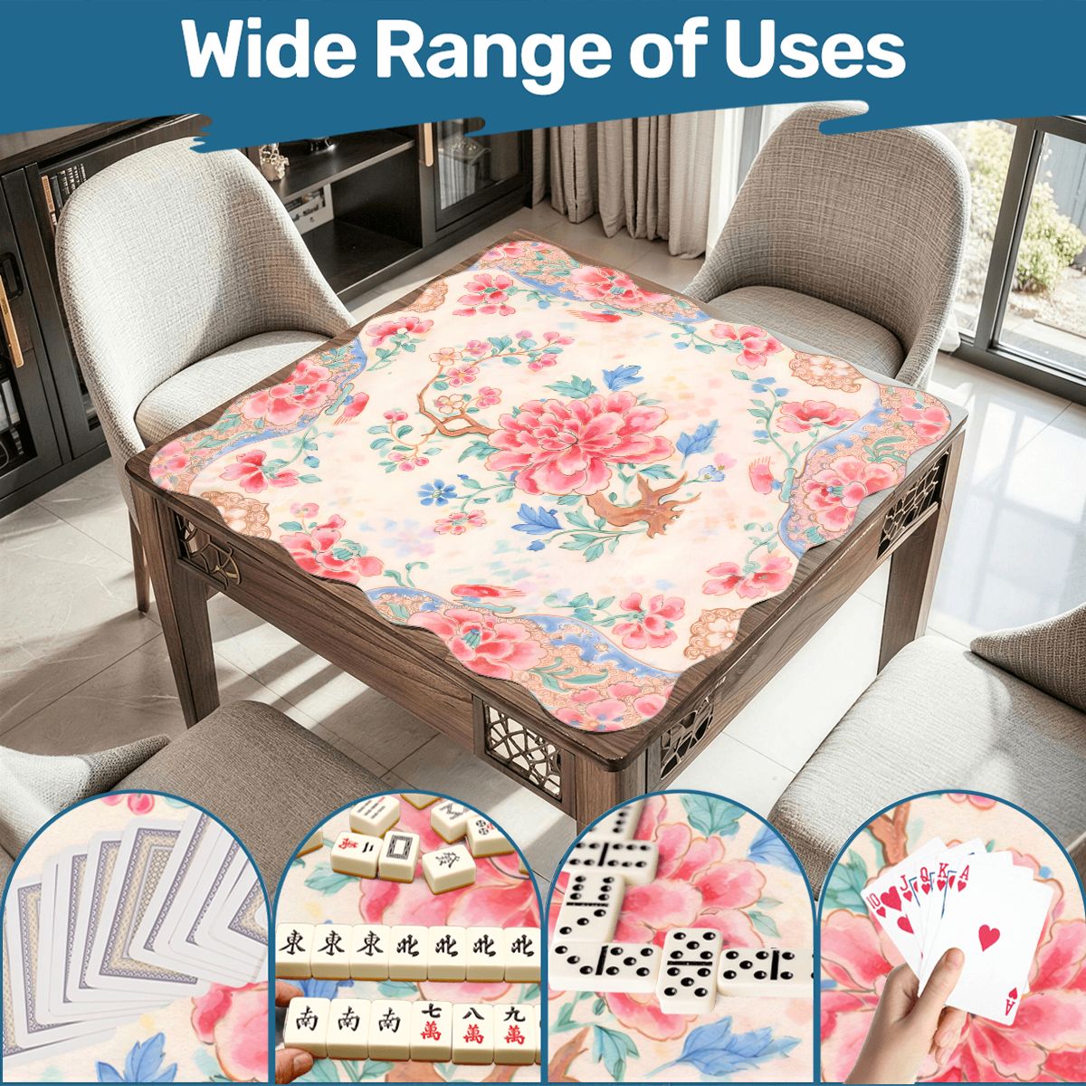 Famille Rose Scalloped Mahjong Mat Preppy Pink, Baby Blue Chinoiserie - Splash of Color Co.