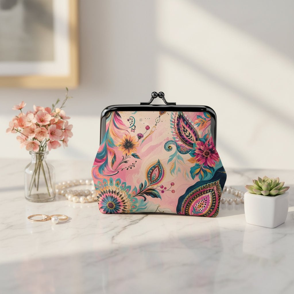 Bejeweled Boho Watercolor Women's Leather Kiss Lock Coin Purse - Splash Of Mahj And Color Co.