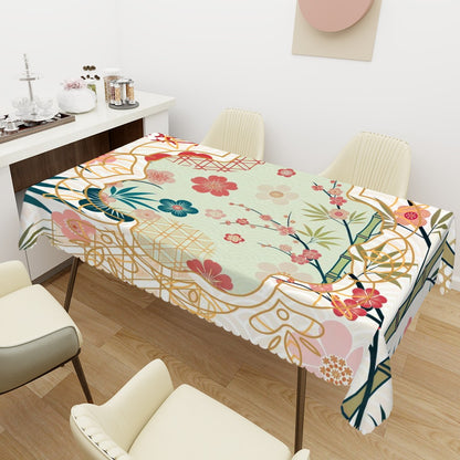 Asian Cherry Blossom Mahjong Party Hosting, All Occassion Rectangular Table Cloth with Wavy Edge