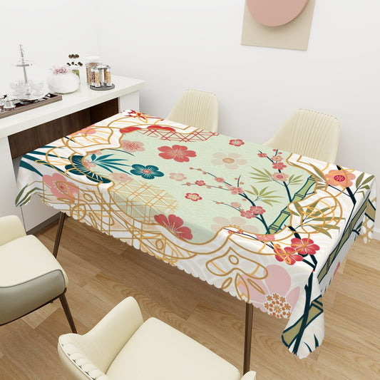 Asian Cherry Blossom Mahjong Party Hosting, All Occassion Rectangular Table Cloth with Wavy Edge