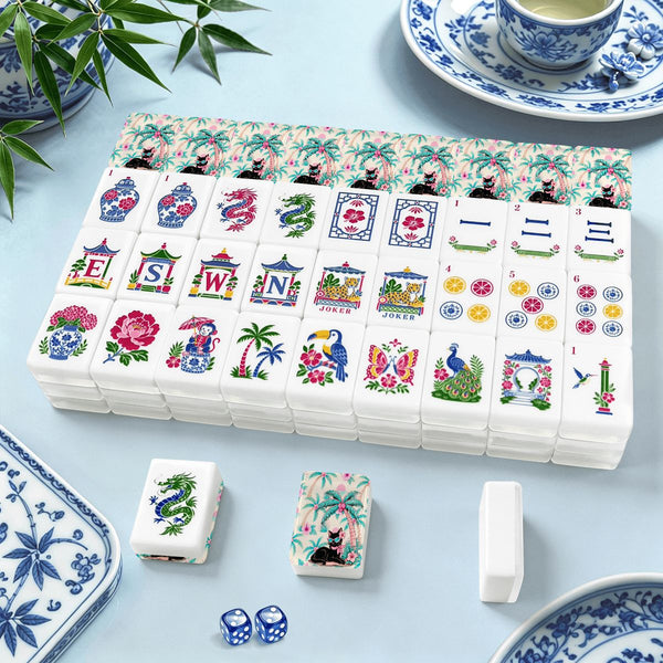 Mahj Meow Tropical Paradise Chinoiserie Mahjong Tiles With Carry Case - Splash Of Mahj And Color Co.