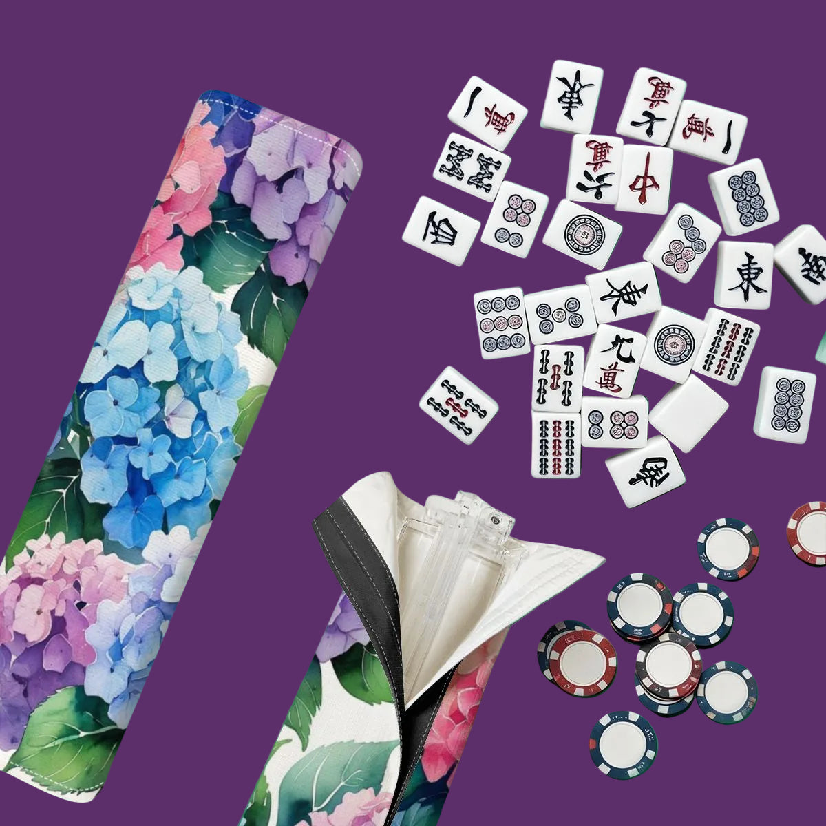 Floral Hydrangea Purple Pink 4 Mahjong Tile Pusher Racks with Bag