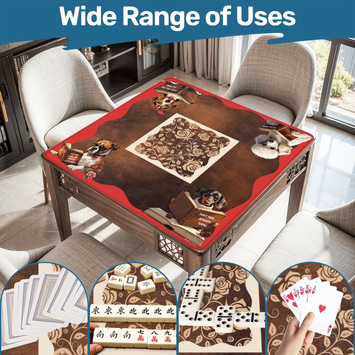 Mahjong Mat, Dogs And Mahjong Funny Preppy Book Dogs, Faux Leather Background Mahj Mat