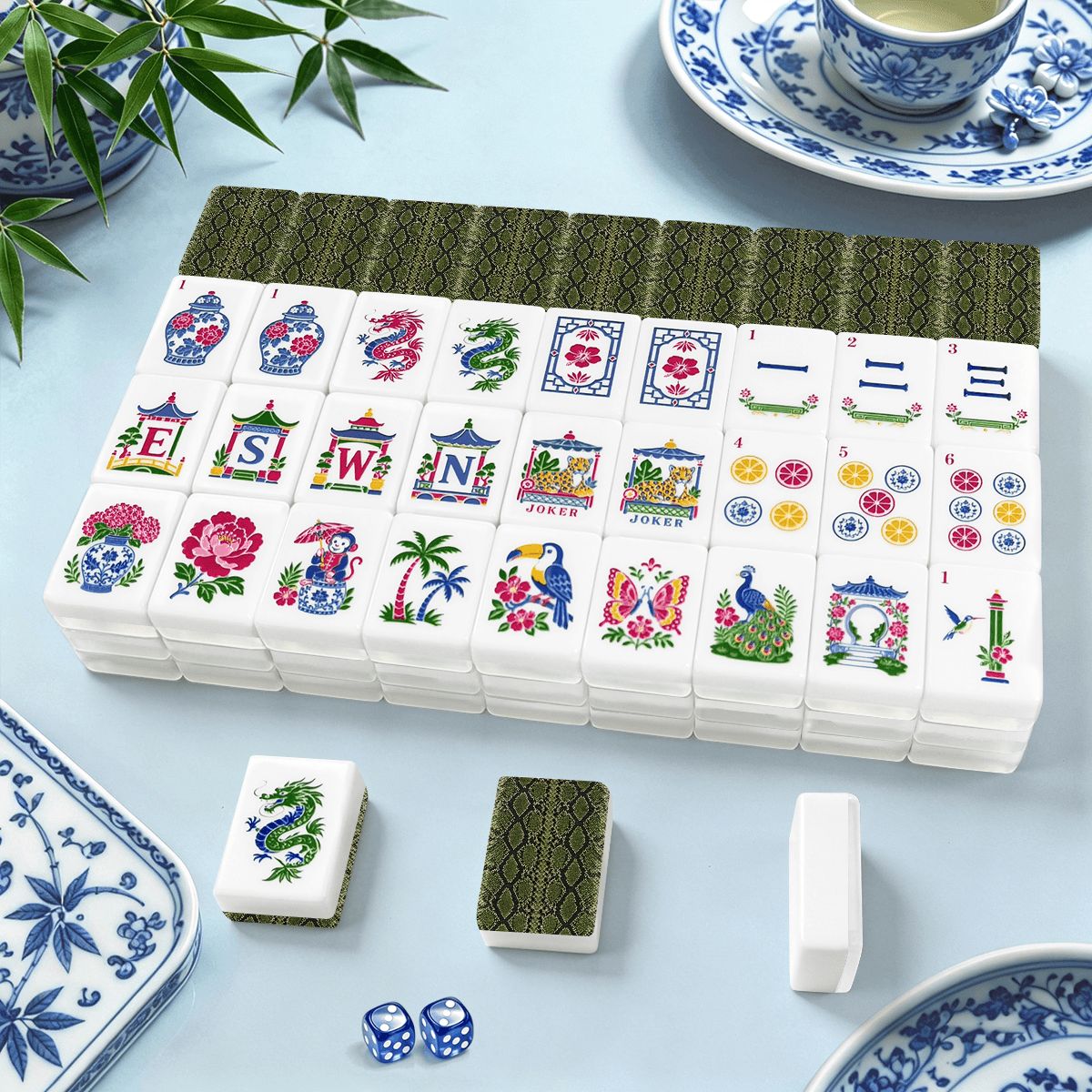 Snake Skin Green Chinoiserie American Mahjong Tiles And Carry Case