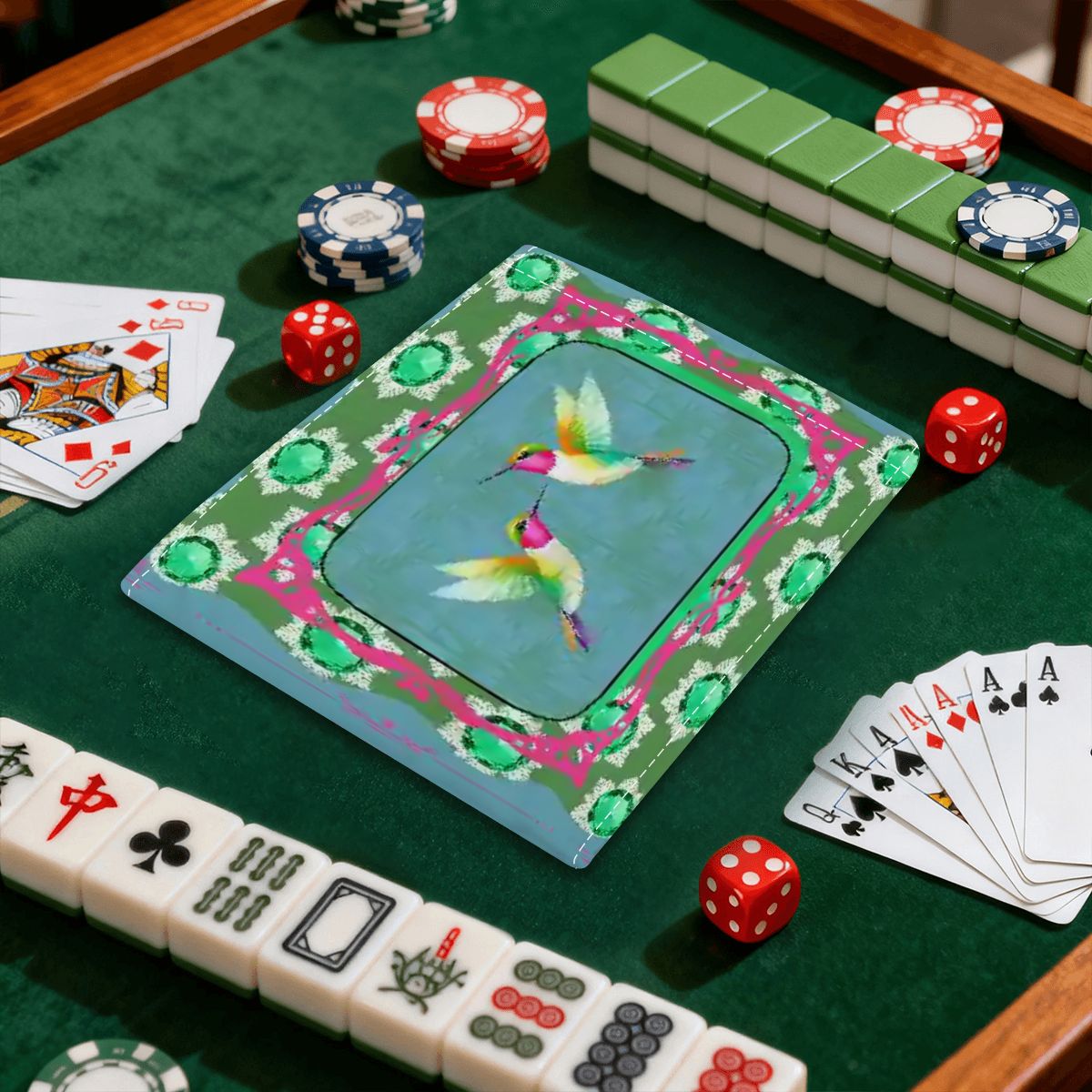 Emerald Mahjong, Flutterbird, Preppy Pink, Green Blue Floral 4 Mahjong Card Holder with Line Finder - Splash of Color Co.