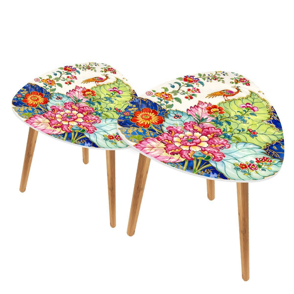 Asian Garden Chinoiserie Tobacco Leaf Floral Modern Nesting Tables - Splash of Color Co.