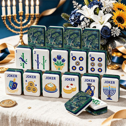 Chinoiserie Asian Pagoda Green And Blue Hanukkah Mahjong Tiles And Carry Case - Splash Of Mahj And Color Co.