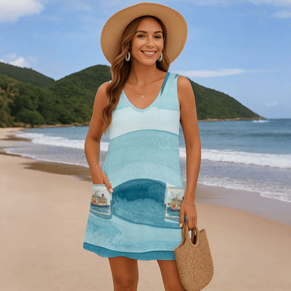 Mahjong Cruise Blue Wave Women's Sleeveless Dress with Pockets - Splash of Color Co.