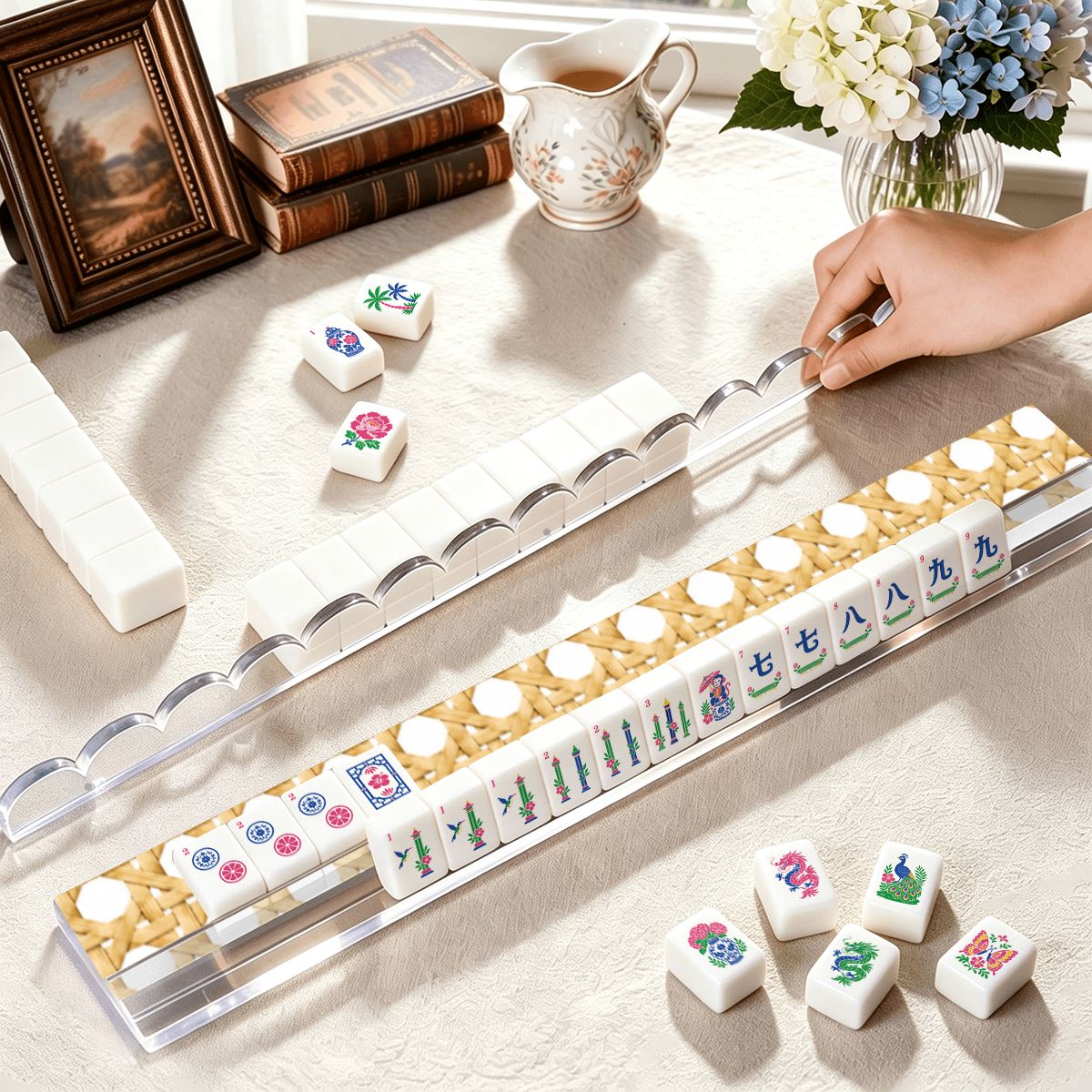 Vintage Cane Design Extended Mahjong Rack Set of 4 Scalloped Magnetic Tile Pusher 20' - Splash Of Mahj And Color Co.