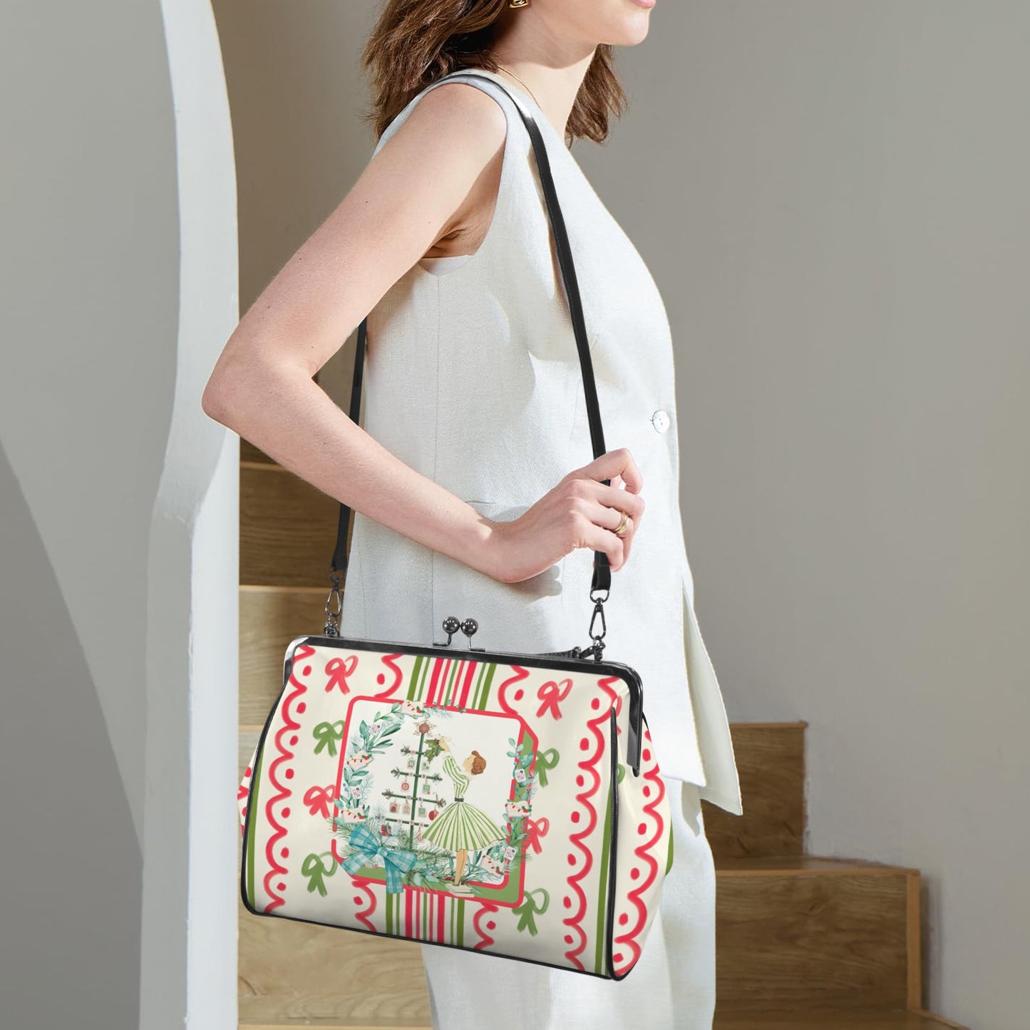 Books And Nooks Mahjong Lover Nostalgic Christmas Handbag, Kisslock Shoulder Bag