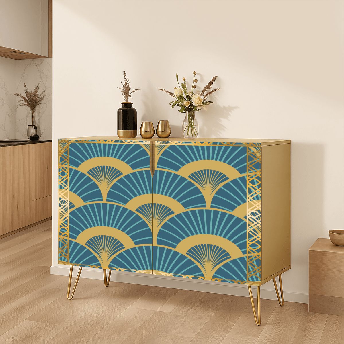 Golden Gilded Teal Art Deco Fan Pattern Modern Wooden Storage Cabinet - Splash of Color Co.
