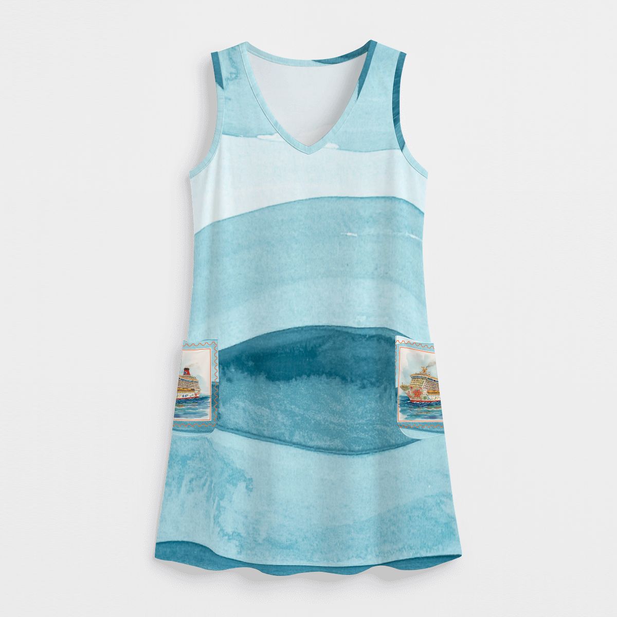 Mahjong Cruise Blue Wave Women's Sleeveless Dress with Pockets - Splash of Color Co.