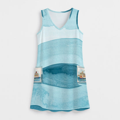 Mahjong Cruise Blue Wave Women's Sleeveless Dress with Pockets - Splash of Color Co.