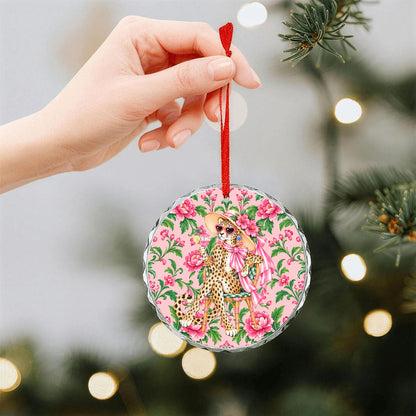Glam Sipping Leopard Luxe Round Glass Christmas Ornament - Splash Of Mahj And Color Co.