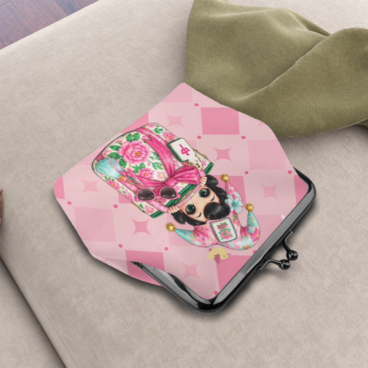 Mahjie The Mahjong Mascot Shopaholic Women's Leather Kiss Lock Coin Purse - Splash Of Mahj And Color Co.