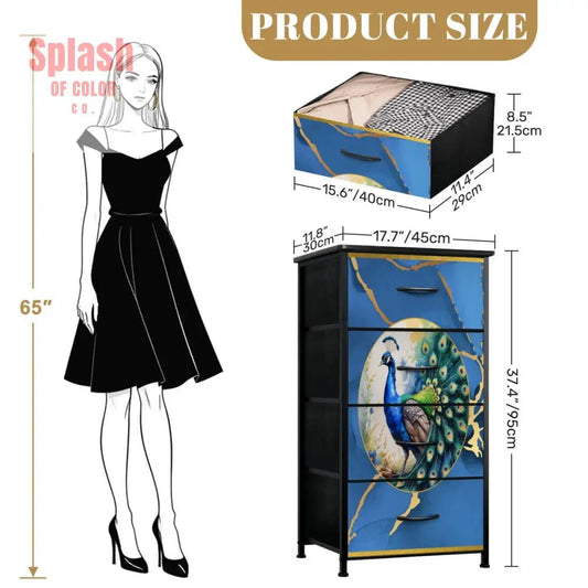 Chinoiserie Peacock Marbled Blue Gold, Elegant Mahjong 4 - Drawer Dresser - Splash of Color co.