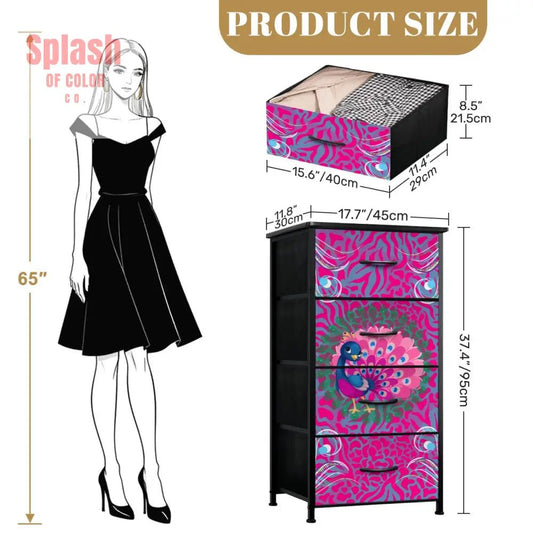 Whimsical Floral Peacock, Hot Pink, Blue Mahjong 4 - Drawer Dresser - Splash of Color co.