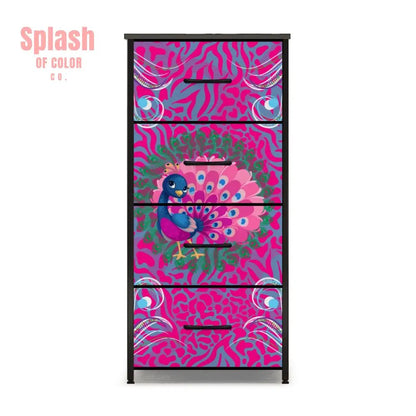 Whimsical Floral Peacock, Hot Pink, Blue Mahjong 4 - Drawer Dresser - Splash of Color co.