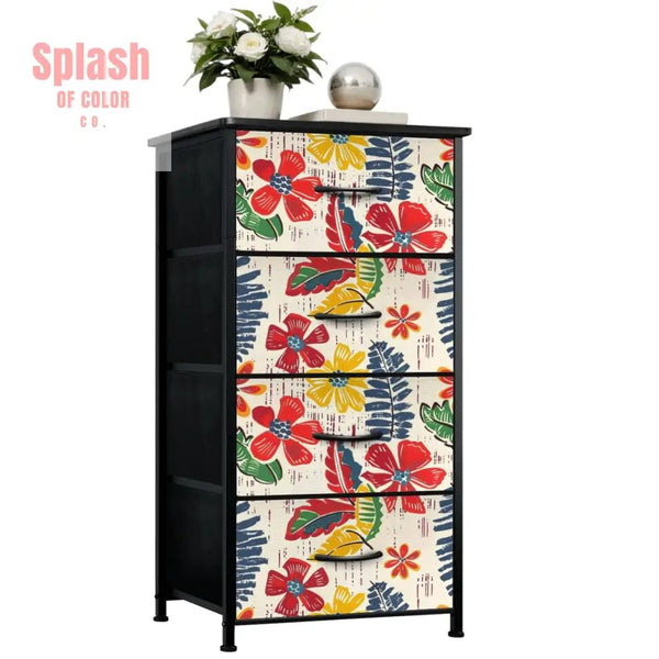 Floral Heritage Blue, Red, Yellow Modern 4 - Drawer Dresser - Splash of Color co.
