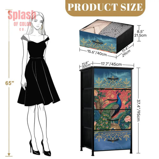 Elegant Peacock, Blue Gold Chinoiserie Accent 4 - Drawer Dresser - Splash of Color co.