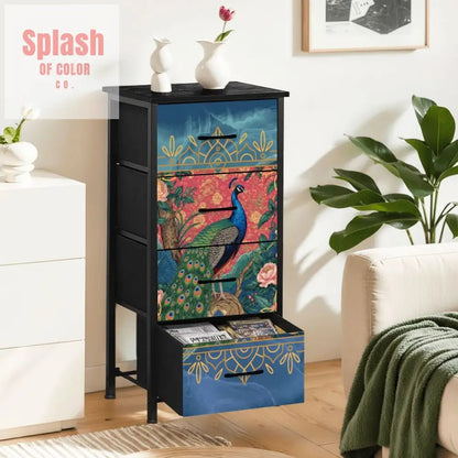 Elegant Peacock, Blue Gold Chinoiserie Accent 4 - Drawer Dresser - Splash of Color co.