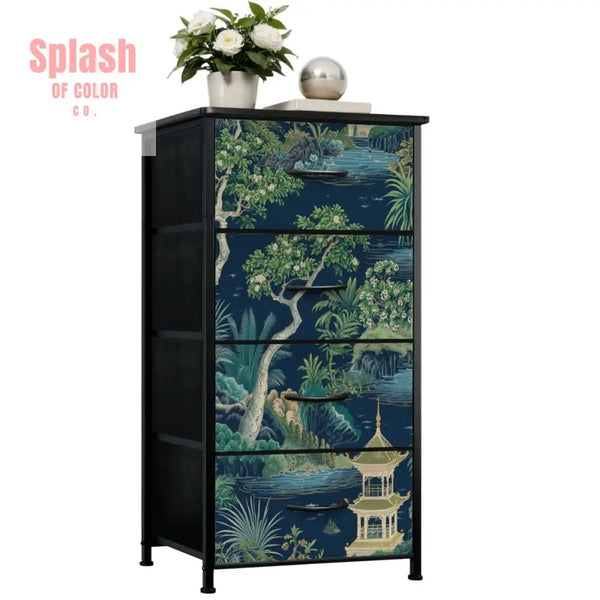 Asian Garden Chinoiserie Royal Blue, Green Storage 4 - Drawer Dresser - Splash of Color co.