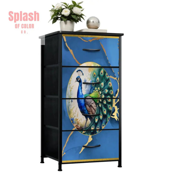 Chinoiserie Peacock Marbled Blue Gold, Elegant Mahjong 4 - Drawer Dresser - Splash of Color co.