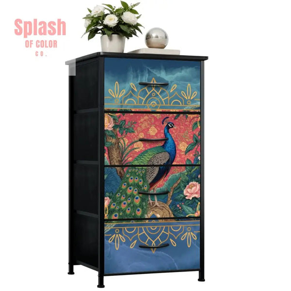 Elegant Peacock, Blue Gold Chinoiserie Accent 4 - Drawer Dresser - Splash of Color co.