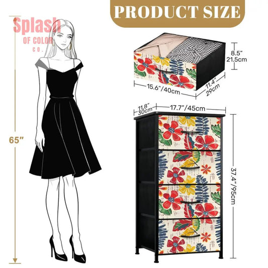 Floral Heritage Blue, Red, Yellow Modern 4 - Drawer Dresser - Splash of Color co.
