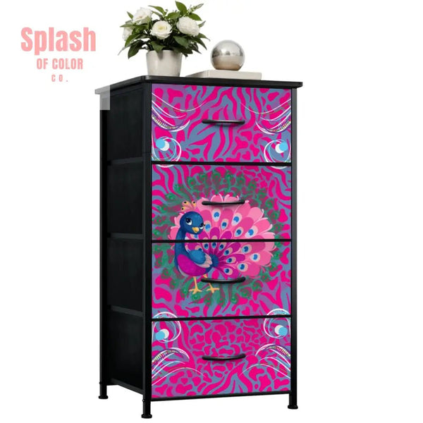 Whimsical Floral Peacock, Hot Pink, Blue Mahjong 4 - Drawer Dresser - Splash of Color co.