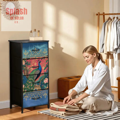 Elegant Peacock, Blue Gold Chinoiserie Accent 4 - Drawer Dresser - Splash of Color co.