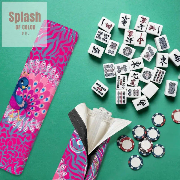 Playful Pink Peacocock 4 Mahjong Tile Pusher Racks with Bag - Splash of Color co.