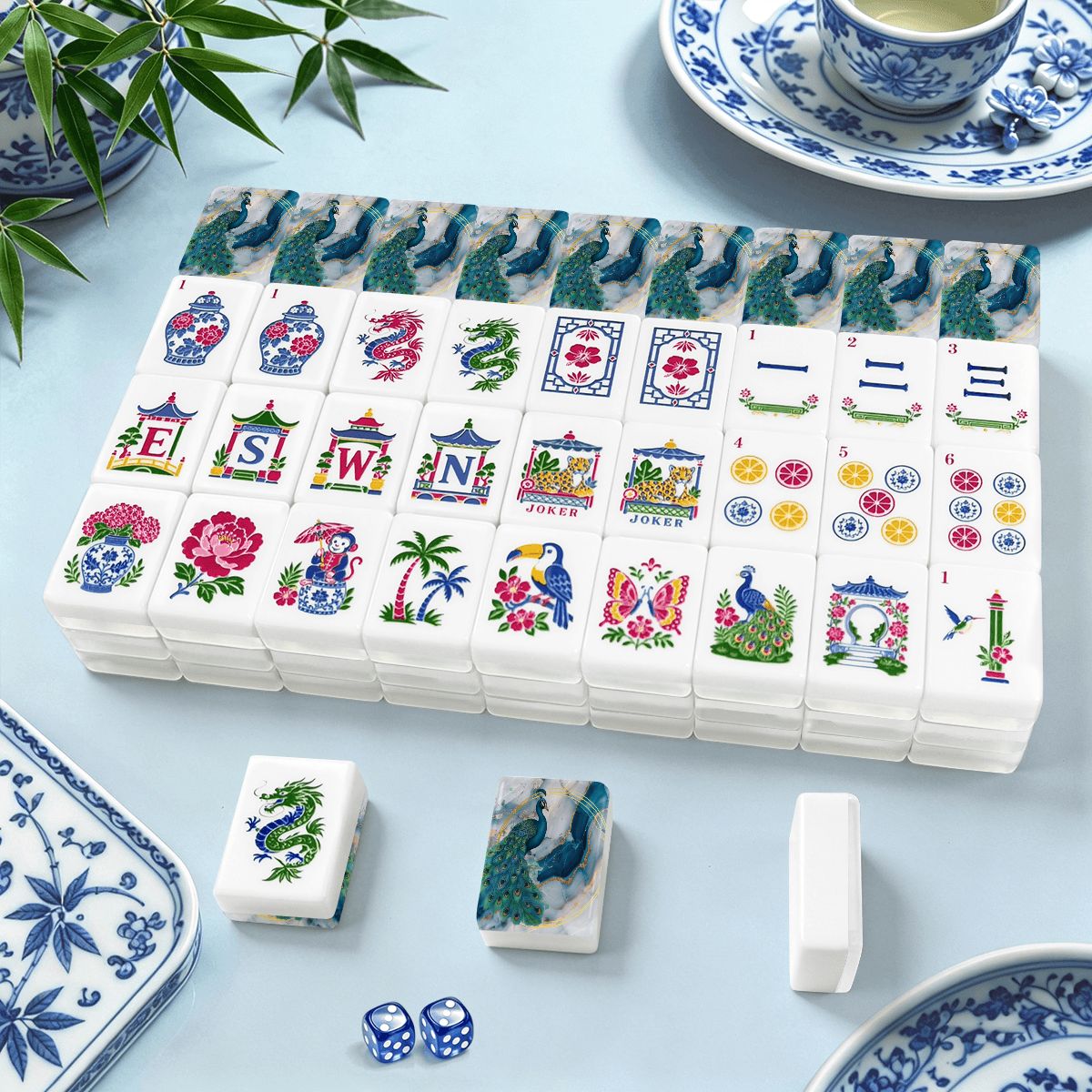 Gilded Marbles Blue And Gold Peacock Chinoiserie American Mahjong Tiles And Carry Case - Splash Of Mahj And Color Co.
