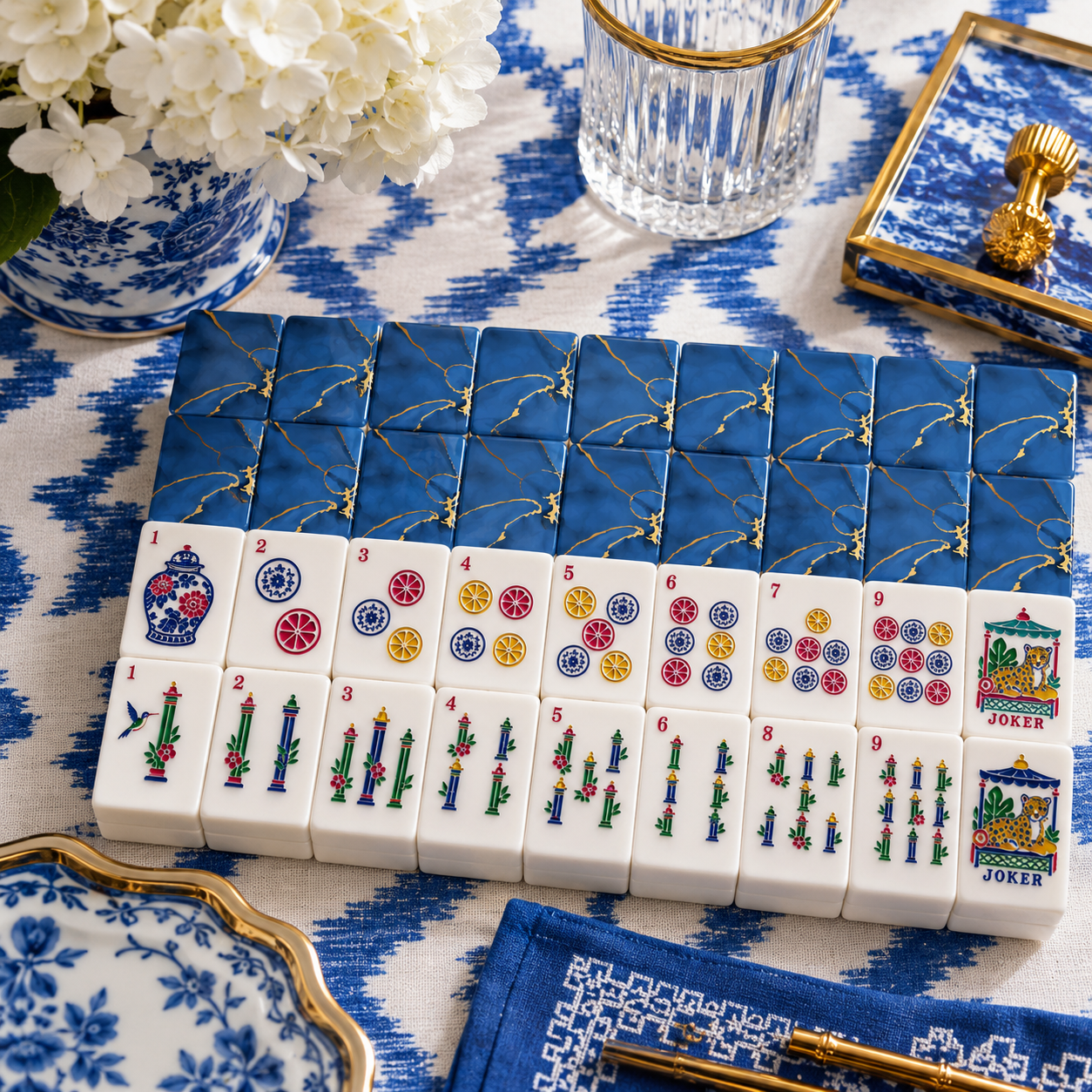 Blue Marbled Gold Gilded American Mahjong Pastel Chinoiserie Tiles