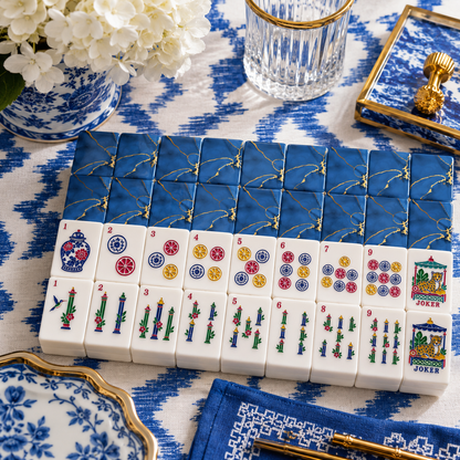 Blue Marbled Gold Gilded American Mahjong Pastel Chinoiserie Tiles
