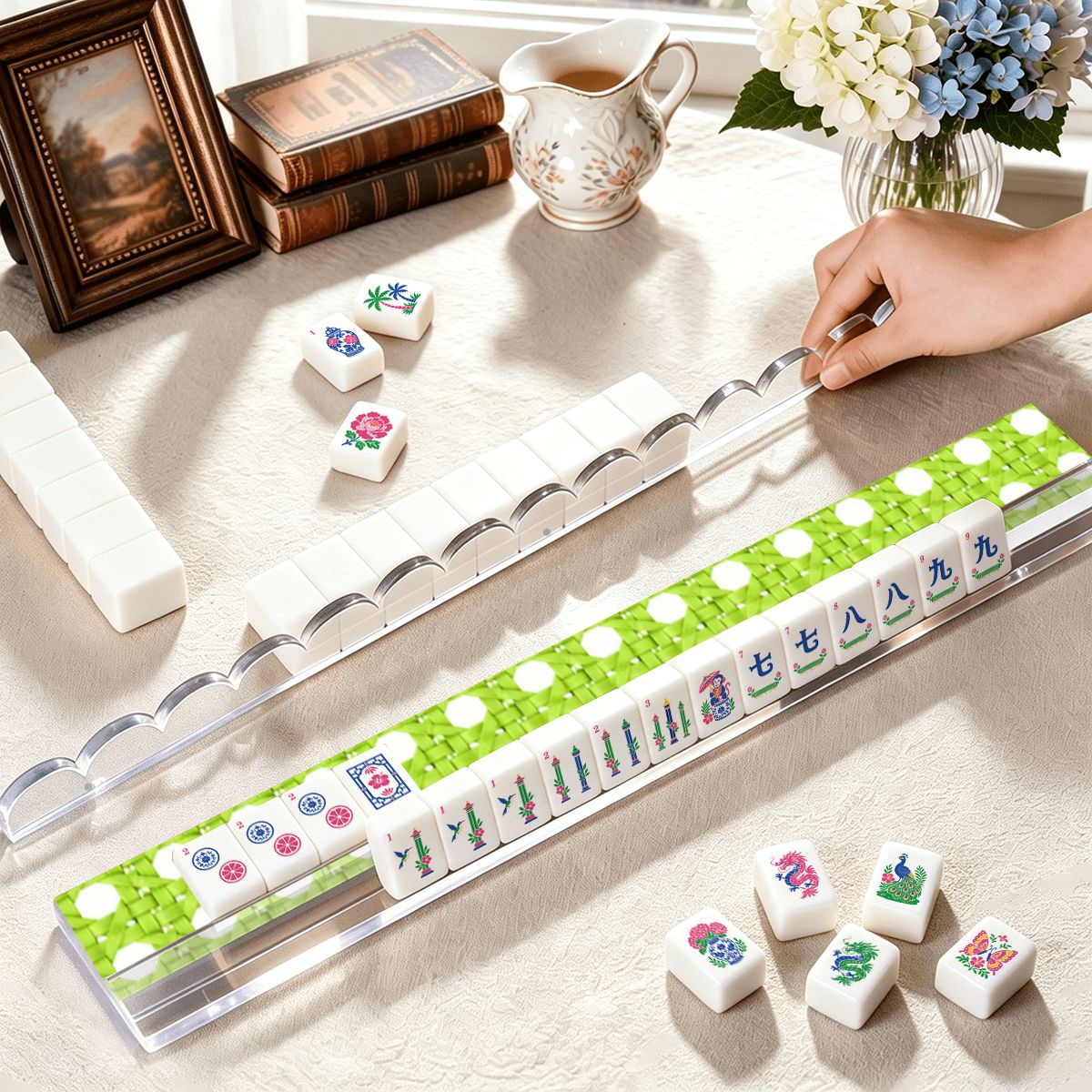 Vintage Cane Green Extended Mahjong Rack Set of 4 Scalloped Magnetic Tile Pusher 20' - Splash Of Mahj And Color Co.
