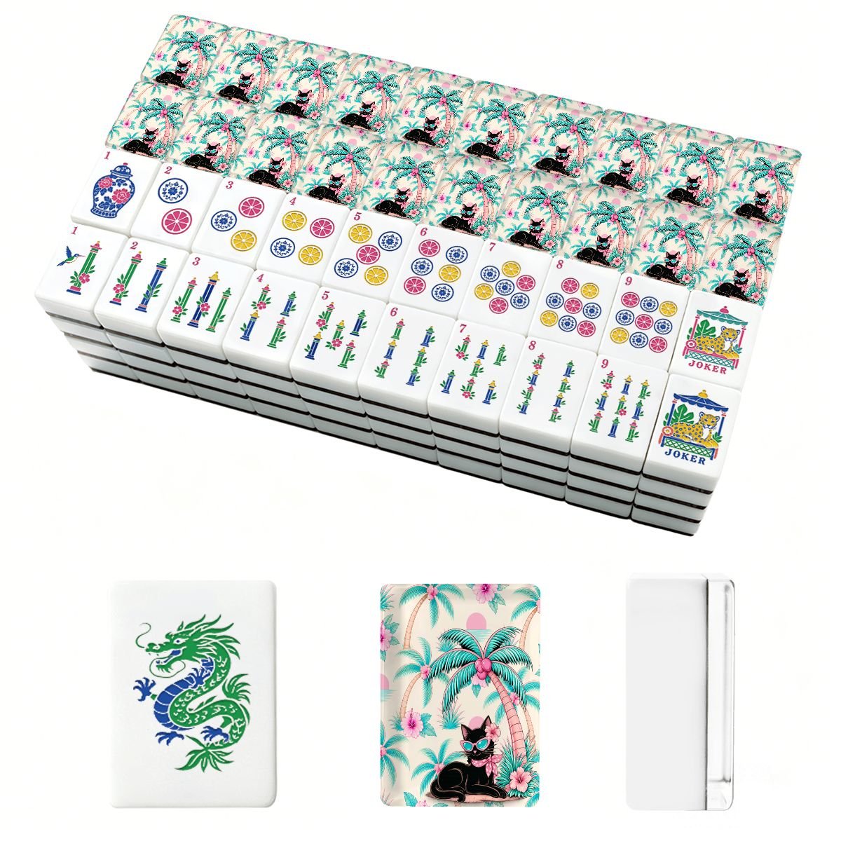 Mahj Meow Tropical Paradise Chinoiserie Mahjong Tiles With Carry Case - Splash Of Mahj And Color Co.