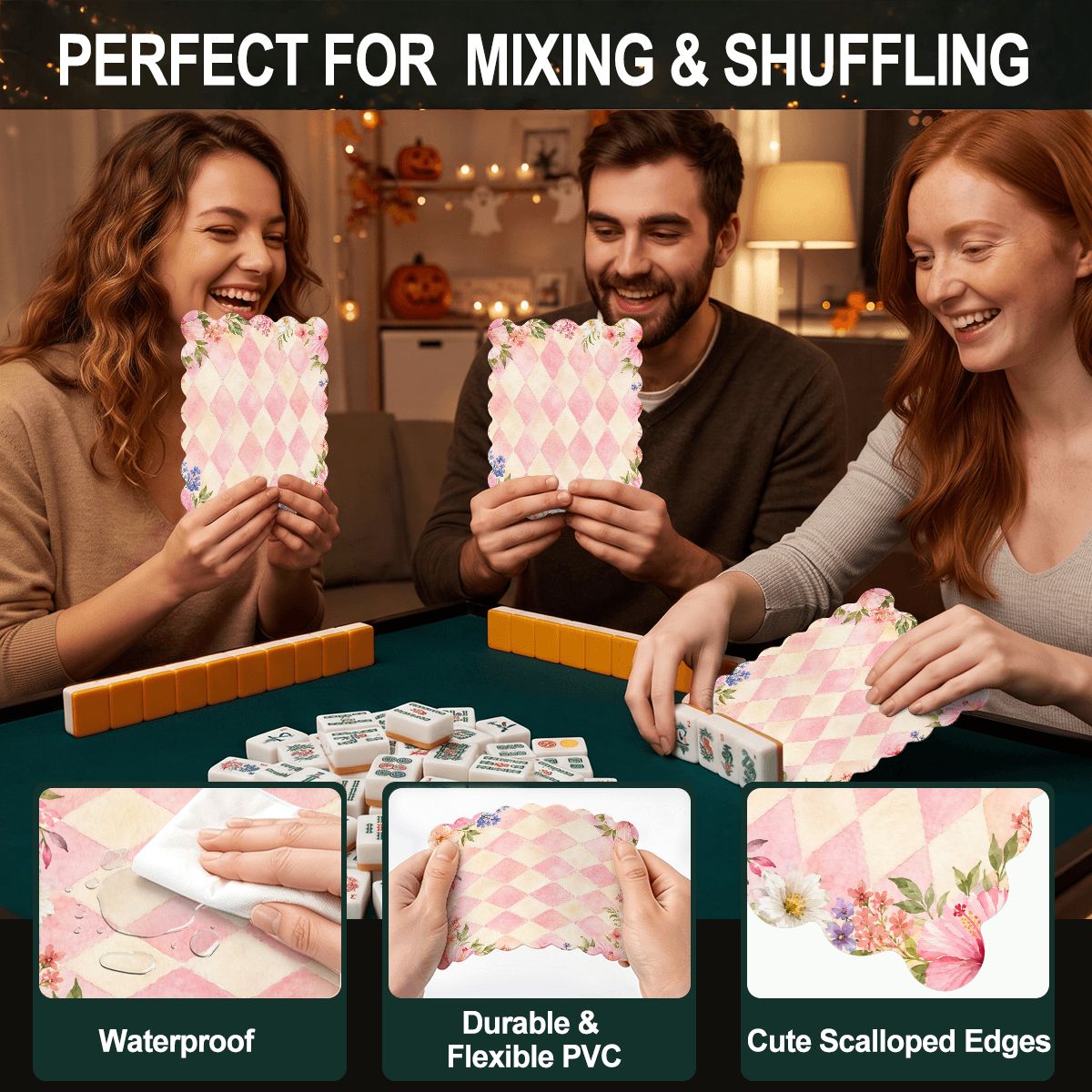Pink Harlequin Romance Scalloped Mahjong Shuffler Cards Set of 4 - Splash Of Mahj And Color Co.