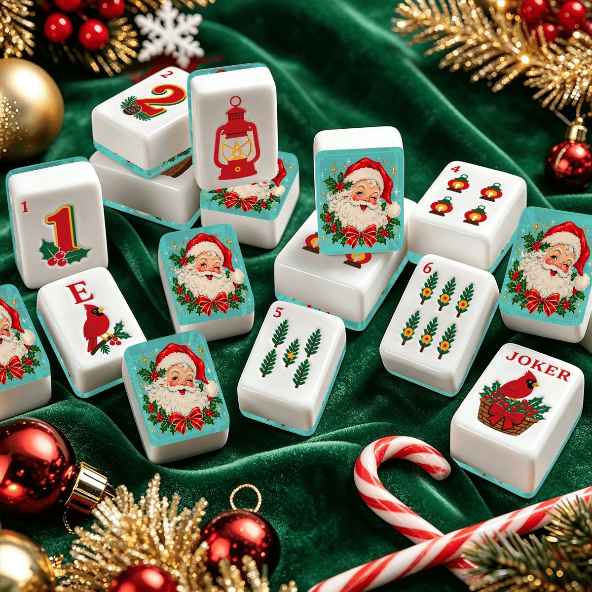 Nostalgic Christmas Modtastic Santa Christmas Cardinal American Mahjong Tiles And Carry Case