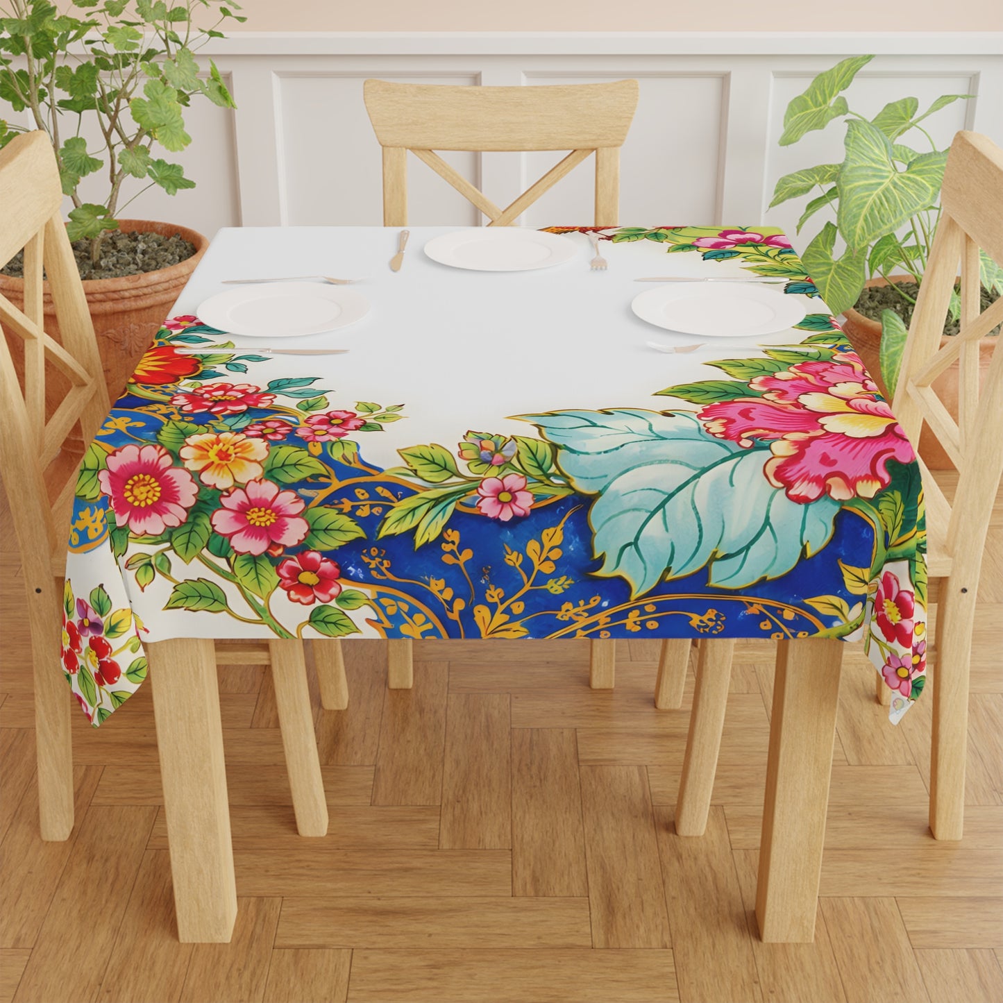 Tobacco Leaf Floral Bird Border Tablecloth — Vibrant Vintage - Inspired Dining Linen - Splash of Color Co.